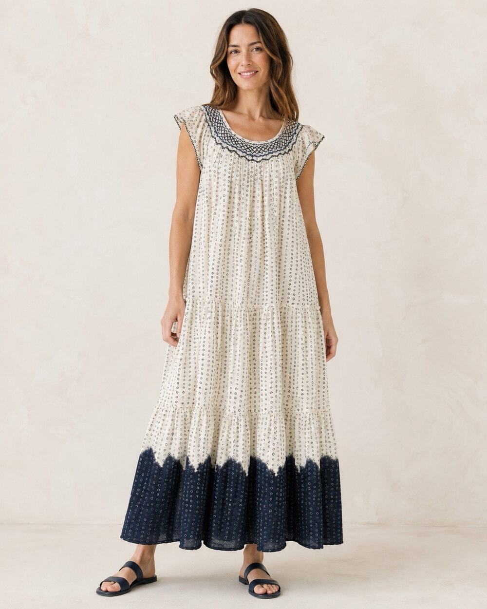 Apiece Apart Aborsano Smocked Maxi Dress S Ivory Navy Organic Cotton